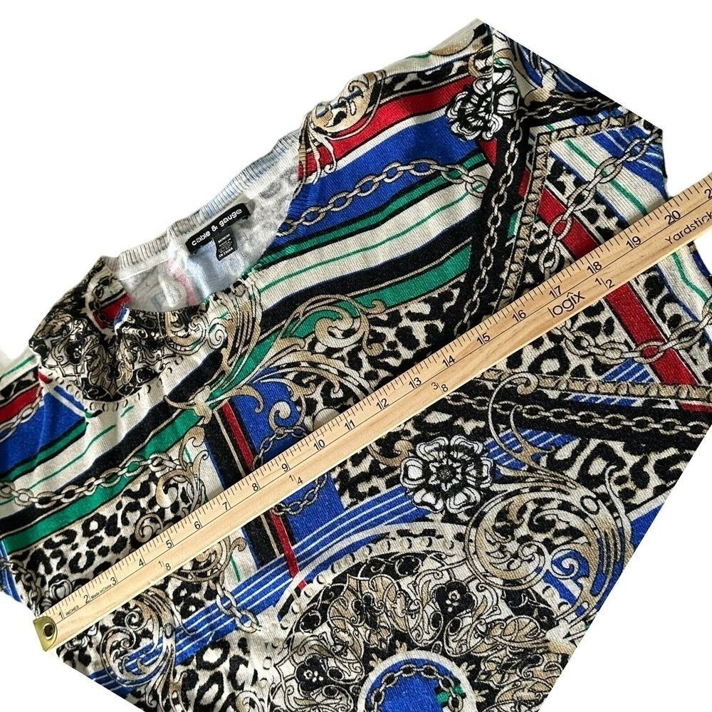 Baroque Medallion Scarf Print Long Sleeve Tunic Blouse Leopard Knit M Blue Multi - Picture 12 of 13